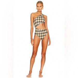 Beach Riot One-Shoulder Cutout One-Piece Swimsuit in Black and Cream Checker